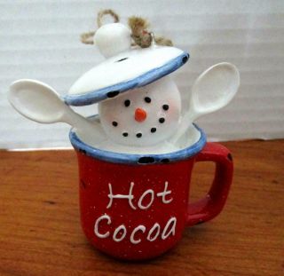 Hot Cocoa Marshmallow Snowman Ornament Figurine In Cup