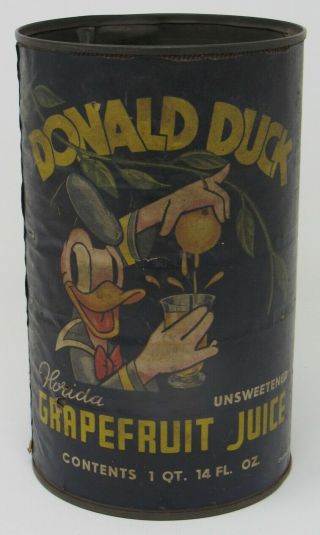 Vintage 1942 Donald Duck Florida Grapefruit Juice Tin Can Disney Mickey Mouse,