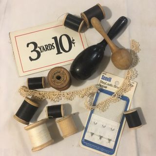 Vtg Black & Antique White Sewing Notions (darners Thread Spools Store Sign)