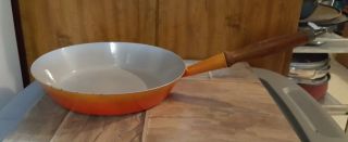 Le Creuset Frying Pan 28 Cast Iron Orange Flame Wood Handle 11”