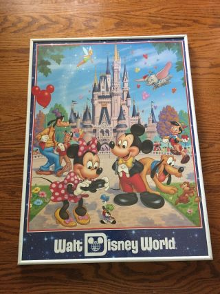 Vintage Walt Disney World Magic Kingdom Wood Poster Picture Art Castle Mickey