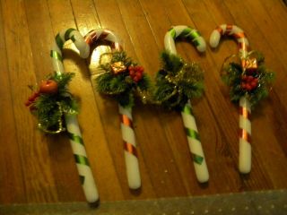 4 Vintage Candy Cane Christmas Decorations Plastic - 15 In Long - Red & Green Stripe