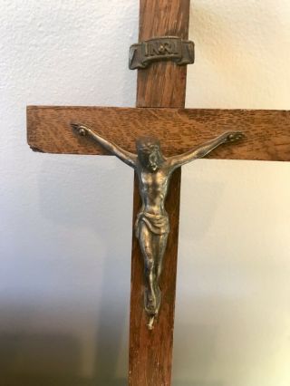 Antique Oak Crucifix Brass Jesus Corpus Christi Inri