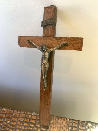 Antique Oak Crucifix Brass Jesus Corpus Christi Inri 2