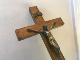 Antique Oak Crucifix Brass Jesus Corpus Christi Inri 3