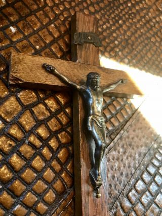 Antique Oak Crucifix Brass Jesus Corpus Christi Inri 4