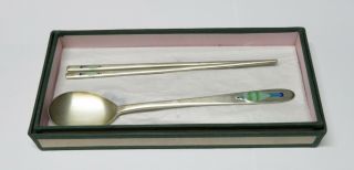 Vintage Korean.  900 Silver Chopsticks & Rice Spoon W/ Og Box