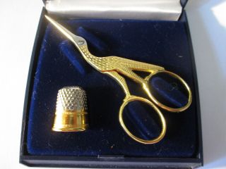 Stork Scissors & Thimble Silver & Gold Sewing & Embroidery Gift Set