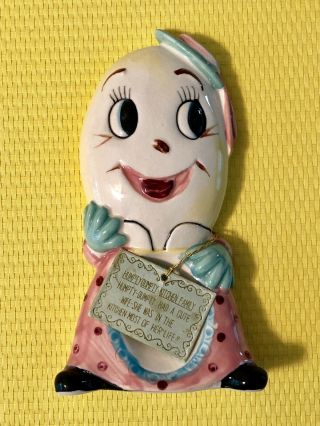 Vintage Enesco Anthropomorphic Mrs Humpty Dumpty Spoon Rest Hang Tag & Sticker