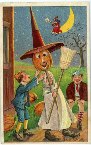 1911 Reading Pa Halloween Series Number 980 The Witch Pumpkin Broom Postcard