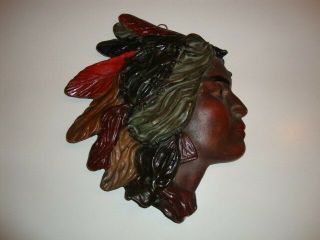 Rare Vintage Native American Indian With Feather Headdress Folk Art Cast Plaque