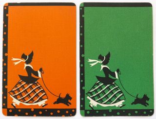 Vintage Swap/playing Cards - Ladies Walking Scottie Dogs - Orange & Green