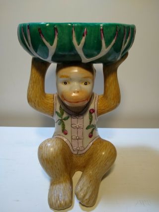 Vintage Chinese Ceramic Monkey Figurine Soap/candy/trinket Dish With Floral Vest