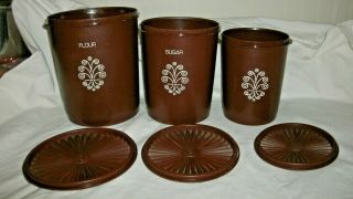 Vintage 3 Pc Brown Tupperware Canister Set Sugar Flour Tea Made Usa