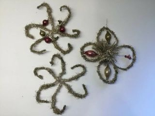 3 Antique Vintage Tinsel Wire Glass Bead Christmas Ornaments Germany