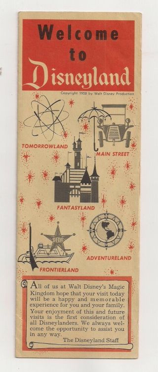 1958 Welcome To Disneyland Map Brochure Fold Out Map Of Five Lands