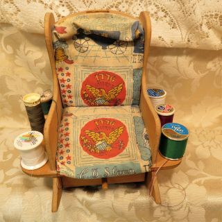 Vintage Rocking Chair Pin Cushion Sewing Spool Holder With Drawer 7 " X 7 "