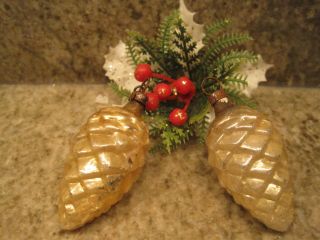 Set Of 2 Vintage Mercury Glass Pine Cone Shape Feather Tree Christmas Ornaments