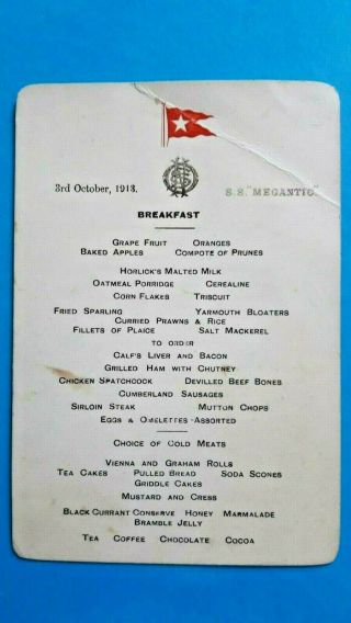 Ss Megantic (white Star Line) Osnc Breakfast Menu 3rd October 1913)