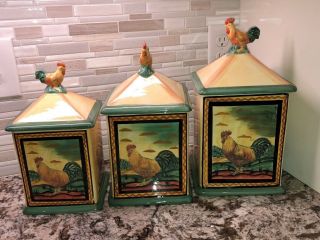 Certified International Corp Rooster Chicken Hen Ceramic Canister Set Of 3