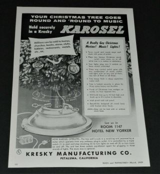 Vtg 1959 Kresky Christmas Tree Karosel Moving Musical Stand Print Ad