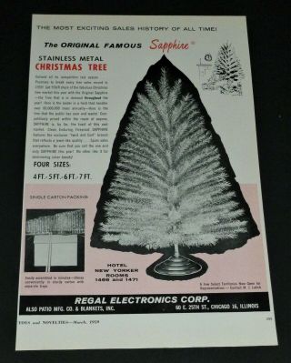 Vtg 1959 Sapphire Stainless Metal Christmas Tree Print Ad