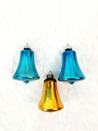 Set of 3 Vintage Mercury Glass Blue Gold Bell Christmas Tree Ornaments 2