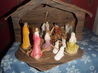 Vintage Nativity Set Cardboard Stable Chalkware Figures Complete