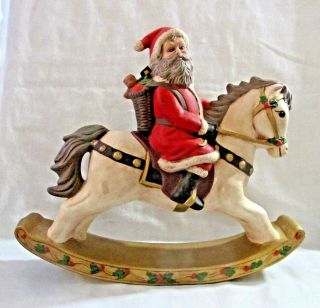 Vintage Santa Claus On Rocking Horse Hand Painted Ceramic Bisque Figurine