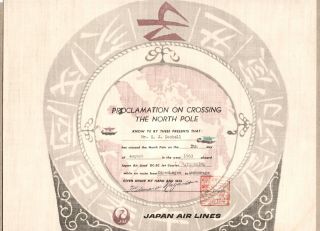 Japan Air Lines 1963 North Pole Arctic Crossing Captain Signed Proclamation Jal