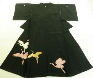 Japanese Vintage Kimono,  Black Tomesode,  Silk,  Hand Embroidery,  Crane P041737