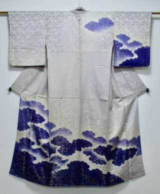Japanese Silk Antique Kimono / Omeshi / Crane / Gray & Purple / Silk Fabric/219