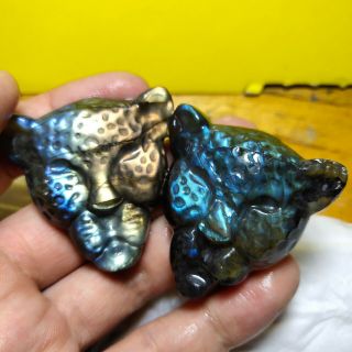 2pc Natural Labradorite Crystal Hand Carved Polished Leopard Head 71g
