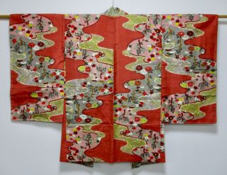 Japanese Kimono Silk Antique Haori / Meisen / Flower& Tree / Silk Fabric /205