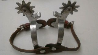 Vintage/Used Renalde Etched Aluminum Western Spurs with leather straps 4