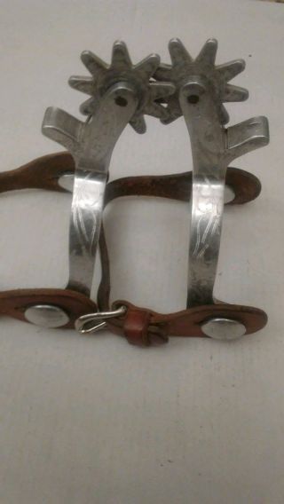 Vintage/Used Renalde Etched Aluminum Western Spurs with leather straps 5