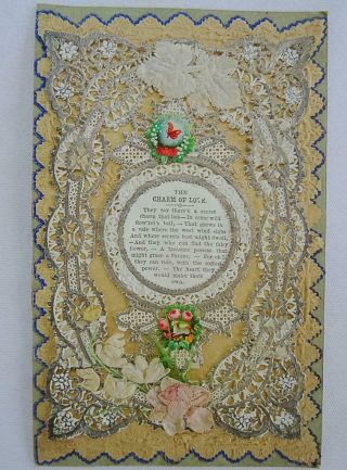 Victorian Paper Lace Antique Greeting Card Valentine Printed Verse Silk Flowers