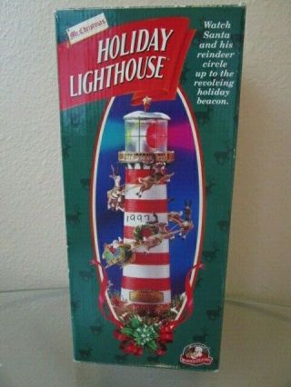1997 Mr.  Christmas Holiday Lighthouse Santa Reindeer Animated Lighted Beacon Box