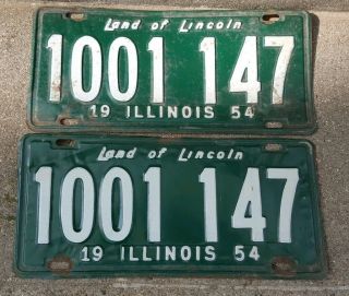 Vintage 1954 Illinois 1001 147 License Plates Set Of 2 Green White 54