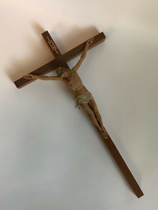 Vintage Plastic & Wood Crucifix Made In Hong Kong 13 " X 6.  5 " Marked D - 120/p