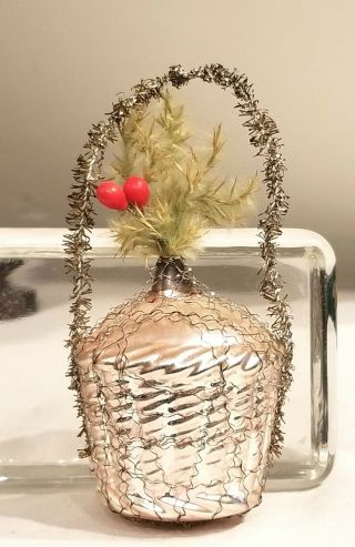 Pre - World War I Wire - Wrapped Pink Glass Basket,  Greens,  With Red Berries.  German