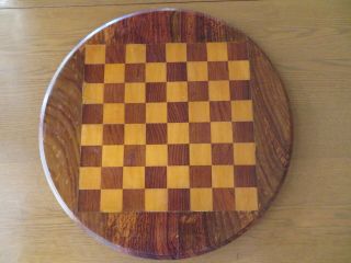 Antq Vtg Inlaid Wood Game Board Table Top Barrel Lid,  Chess Backgammon Cribbage