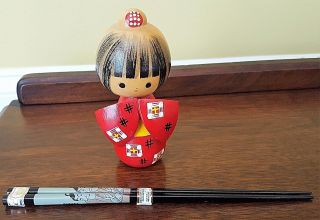 5.  5 " Asian Japan Wooden Kokeshi Doll - Set Of Chopsticks Japanese Painted Girl Red