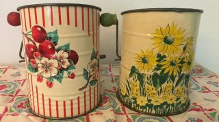 2 Vintage 1950s Flour Sifter Metal Red Stripe Apples Yellow Daisy Farmhouse