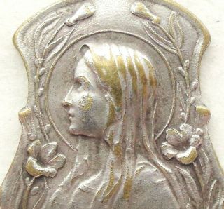 Art Nouveau Lily Flowers Decor Antique Medal To Holy Mary - Our Lady Of Lourdes