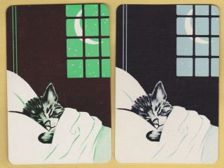 2 Single Vintage Swap/playing Card Cat Kitten Tucked In Bed Art By Gruenewald