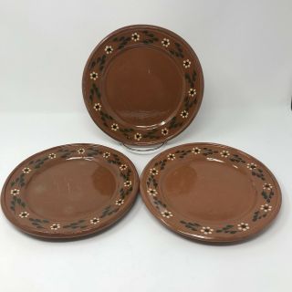Set Of 3 Plates Vintage Mexico Tlaquepaque Pottery Redware Terra Cotta Folk Art