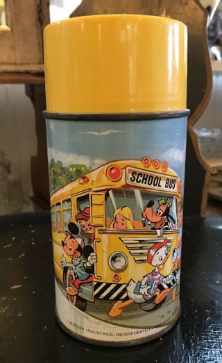 Vintage Aladdin Mickey Mouse School Bus Metal Thermos Walt Disney Productions
