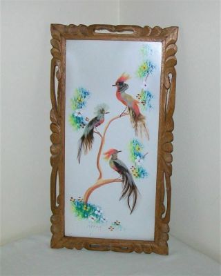 Mexican Feathercraft Plaque Picture 3 Birds/tree Carved Wood Frame 9 " X 16 - 1/2 "