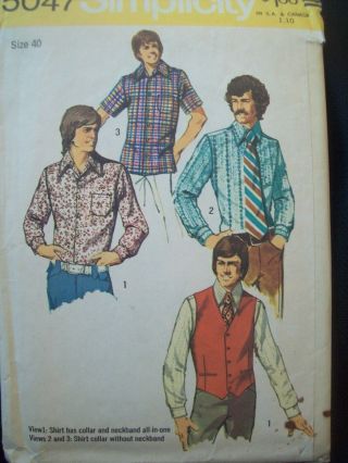 Vintage 1970s Simplicity Pattern 5047 Mens Vest Shirt Variety Cut Size 15 - 1/2